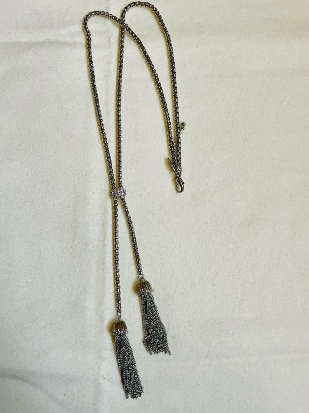 Ann Taylor Silver Tone Lariat Necklace Crystal Pave Tassel Flapper Style